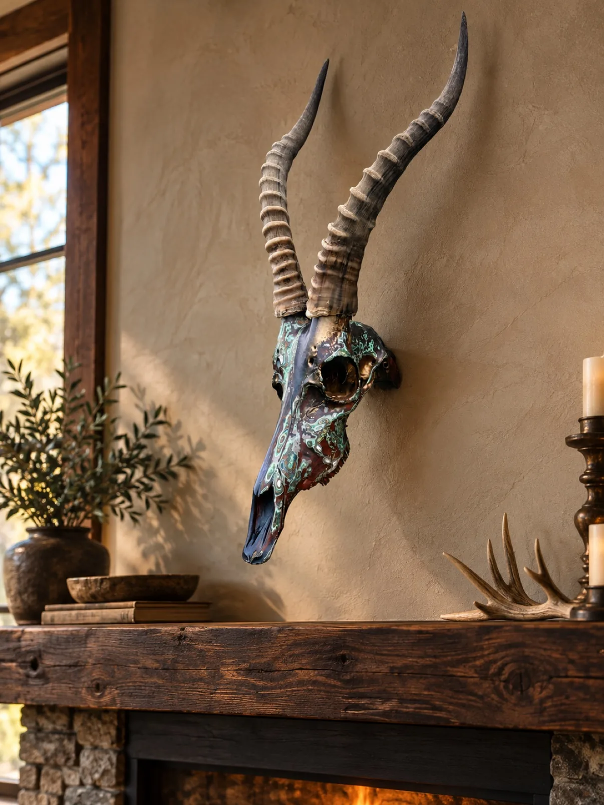 Photograph of my hand-painted blesbok skull hanging on a wall above a rustic fireplace mantel, dark navy and copper paint with mint-green patina swirls and gold inside the eye sockets, beneath tall ridged horns