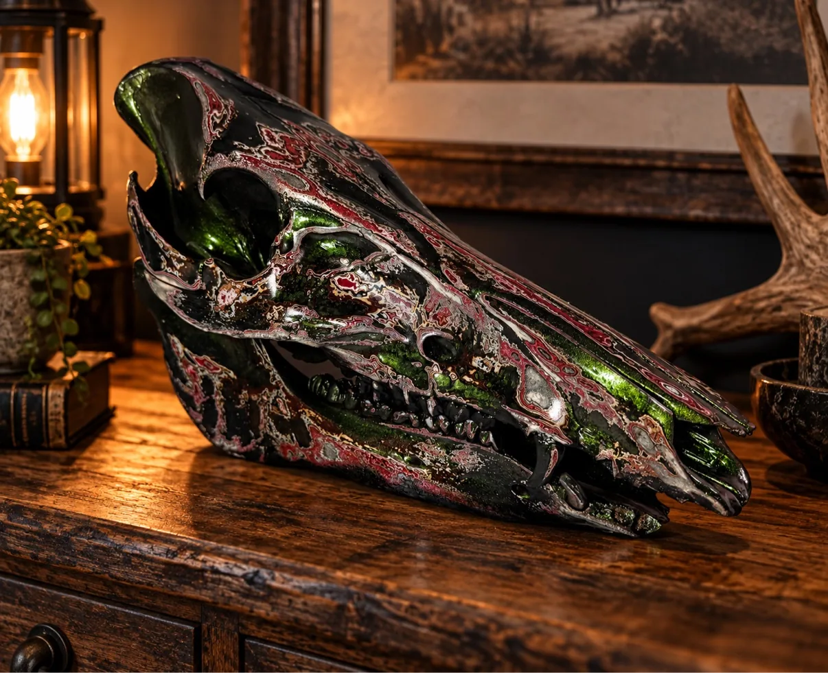 Photograph of my hand-painted feral hog skull sitting on a wooden dresser, metallic green and black finish with burgundy red fordite marbling, jaw attached