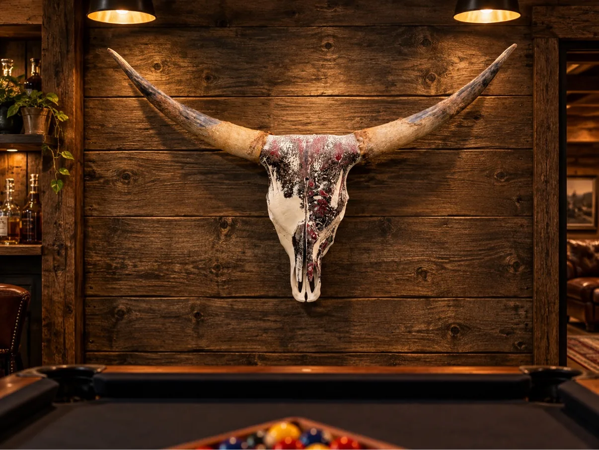 Photograph of my hand-painted longhorn skull hanging on a dark wood plank wall above a pool table in a game room, cream base with burgundy and black fordite finish and wide natural horns
