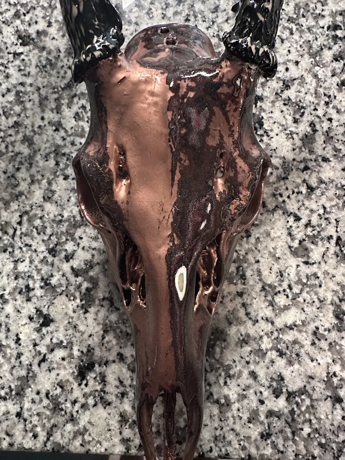 Photograph of my hand-painted deer skull from above on a granite counter, showing the metallic copper finish and dark brown tones across the top of the skull