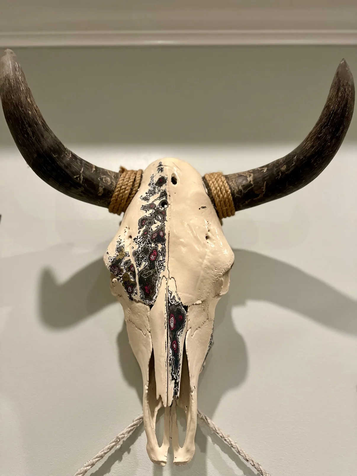 Photograph of my hand-painted cow skull mounted on a wall, cream bone with a black and red fordite stripe down the center, dark horns wrapped with rope at the bases
