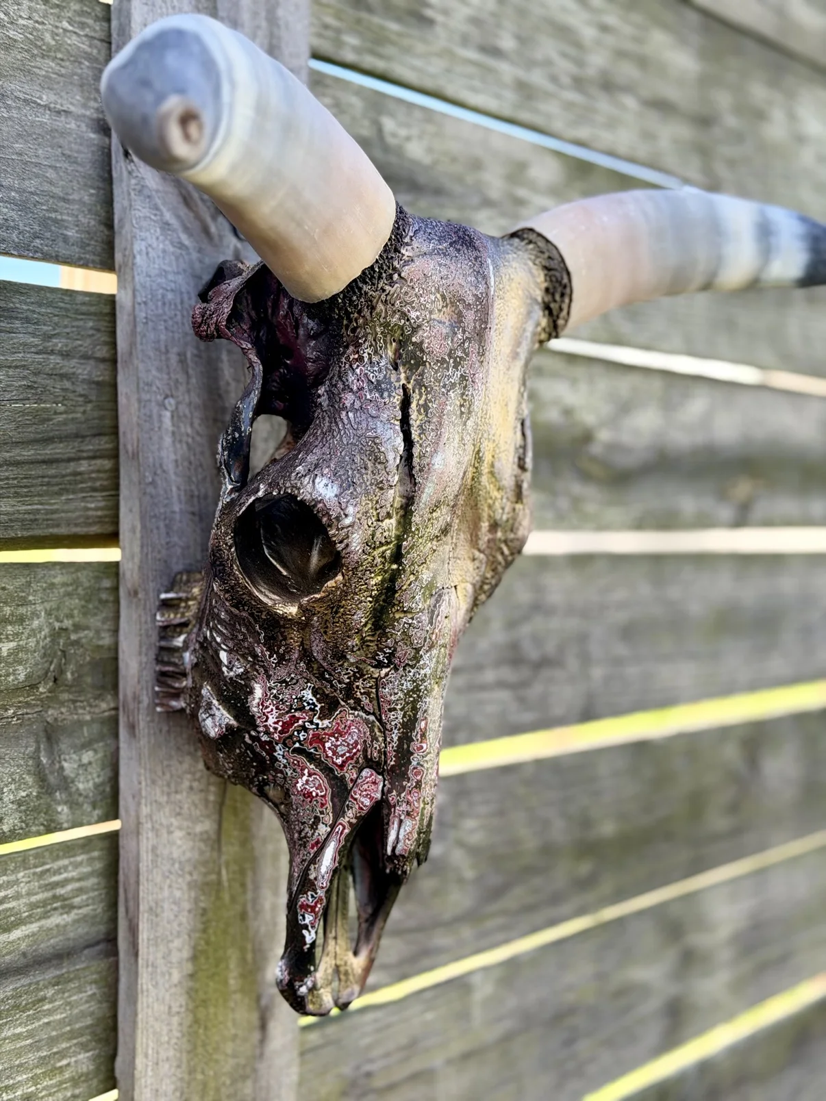 Close-up photograph of my hand-painted cow skull on a fence, showing the dark textured bronze and gold finish with red fordite flecks and the pale horn in the foreground