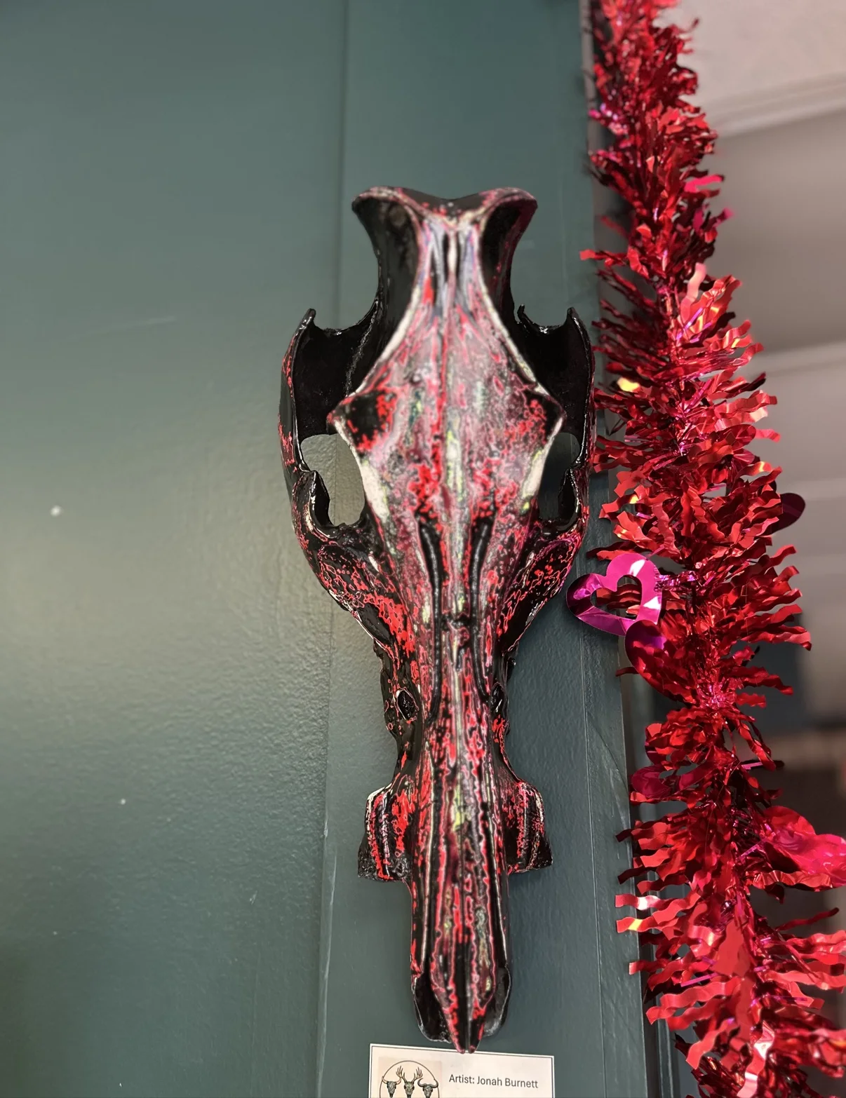 Photograph of my elongated hand-painted skull mounted on a wall, glossy black and red fordite finish