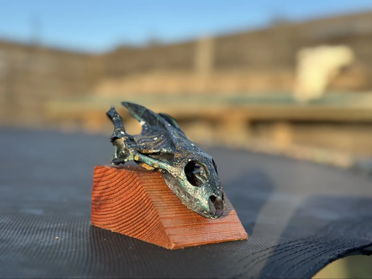 Photograph of my small hand-painted skull in dark iridescent blue and green, displayed on a small angled wooden stand