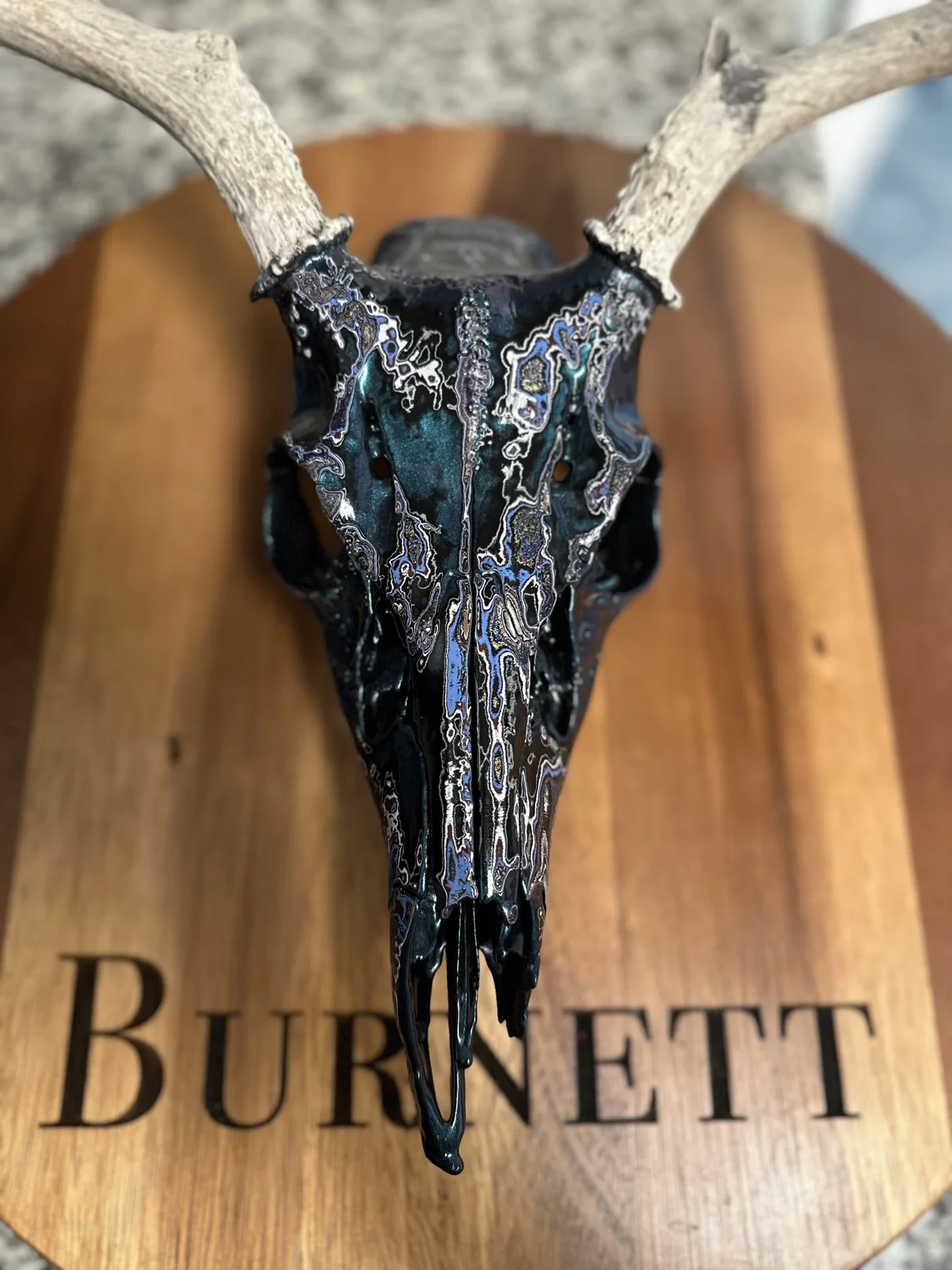 Photograph of my hand-painted whitetail deer skull from above on a round wooden board, showing the teal, blue and silver fordite marbling across the black top of the skull