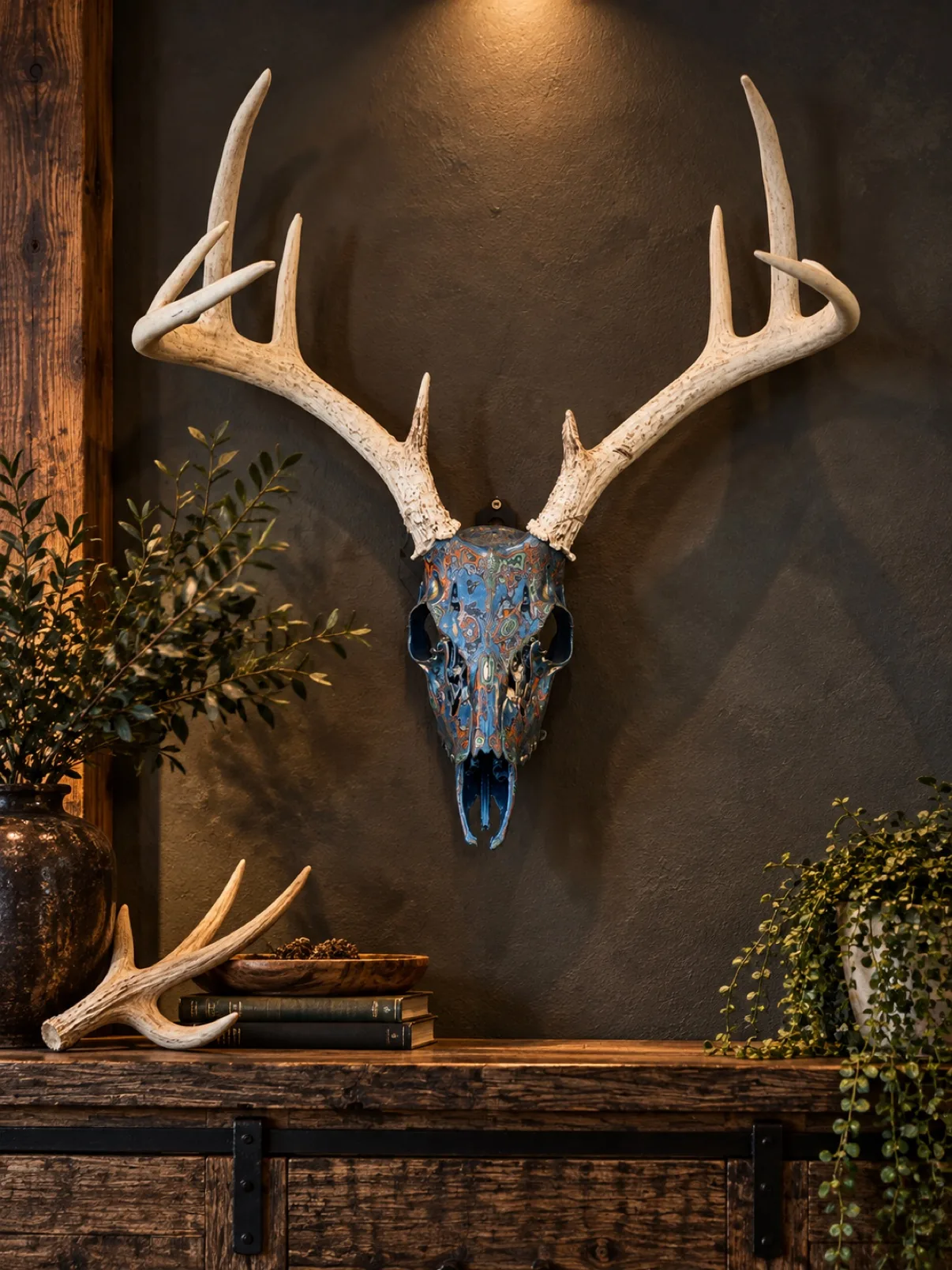 Photograph of my hand-painted whitetail deer skull hanging on a dark wall above a rustic wooden cabinet, blue fordite finish with orange, copper and green swirls and large natural antlers